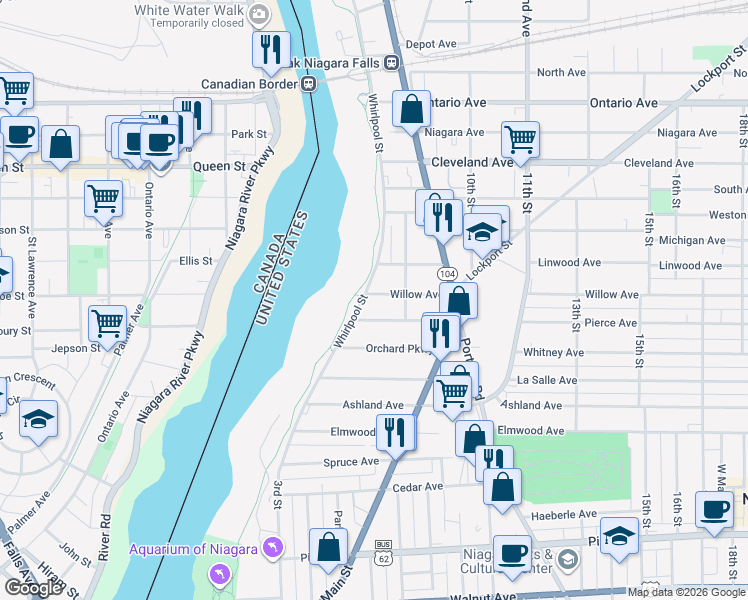map of restaurants, bars, coffee shops, grocery stores, and more near 709 Willow Avenue in Niagara Falls