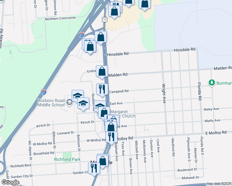 map of restaurants, bars, coffee shops, grocery stores, and more near 110 Campbell Road in Syracuse