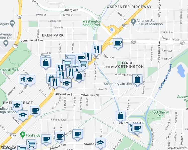 map of restaurants, bars, coffee shops, grocery stores, and more near 230 North Marquette Street in Madison