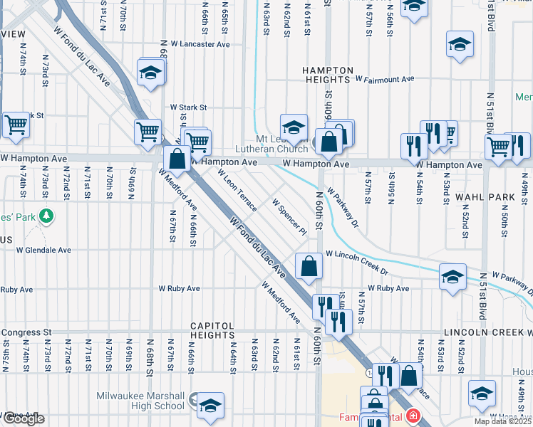 map of restaurants, bars, coffee shops, grocery stores, and more near 6248 West Leon Terrace in Milwaukee