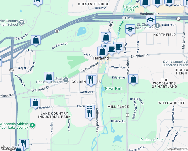 map of restaurants, bars, coffee shops, grocery stores, and more near 301 Cottonwood Ave in Hartland