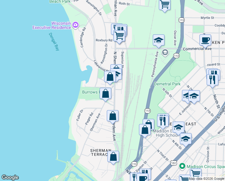 map of restaurants, bars, coffee shops, grocery stores, and more near 2241 North Sherman Avenue in Madison
