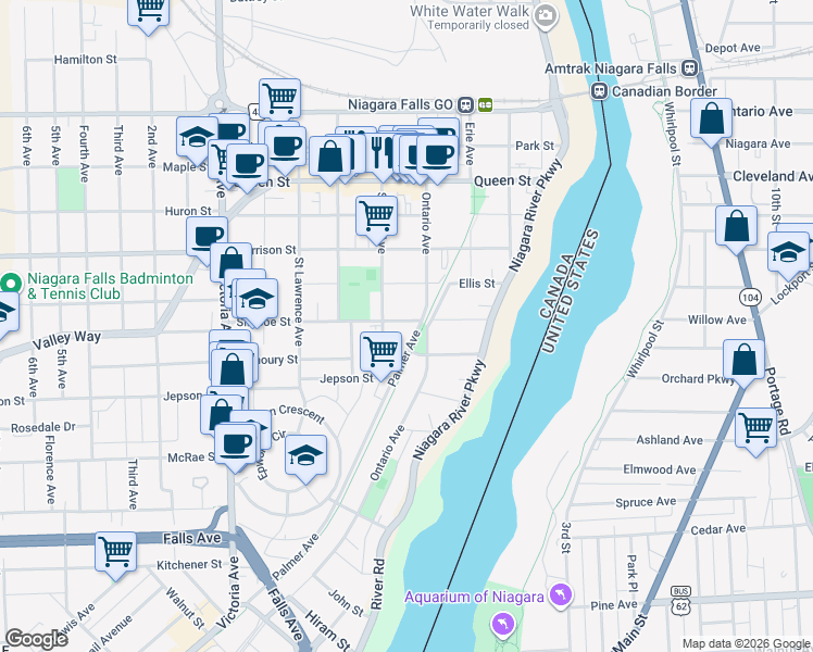 map of restaurants, bars, coffee shops, grocery stores, and more near 4424 Simcoe Street in Niagara Falls