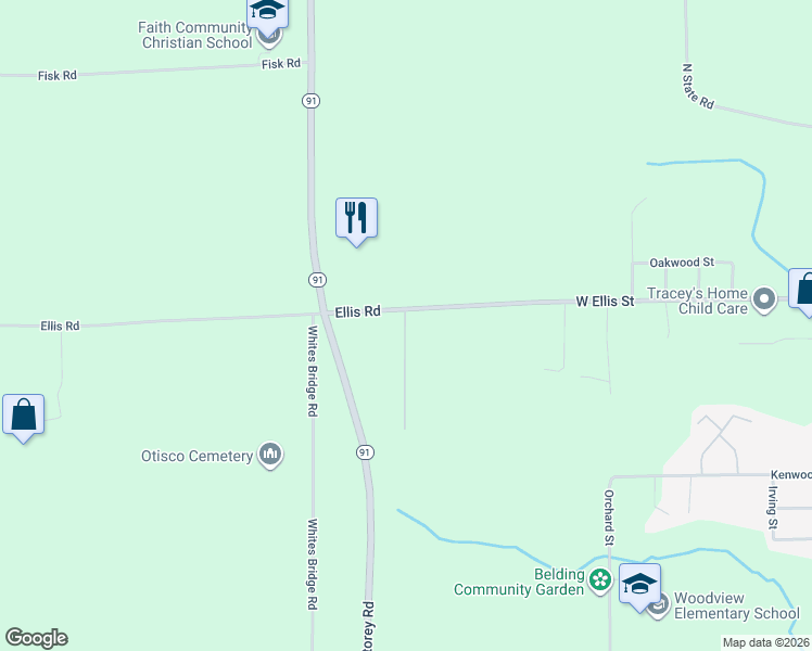 map of restaurants, bars, coffee shops, grocery stores, and more near 9133 Ellis Road in Belding