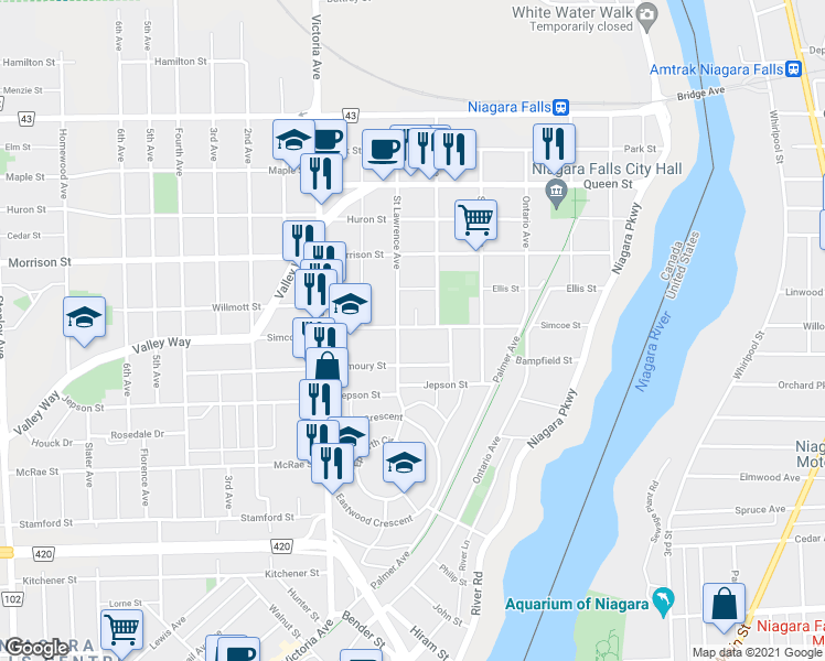 map of restaurants, bars, coffee shops, grocery stores, and more near 4620 Simcoe Street in Niagara Falls