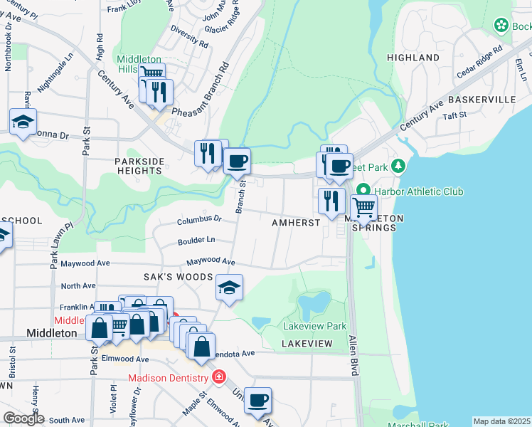 map of restaurants, bars, coffee shops, grocery stores, and more near 6433 Pheasant Lane in Middleton
