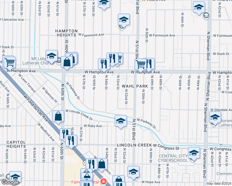 map of restaurants, bars, coffee shops, grocery stores, and more near 4675 North 53rd Street in Milwaukee