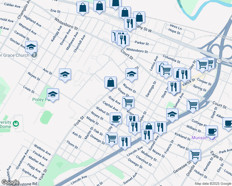 map of restaurants, bars, coffee shops, grocery stores, and more near 1104 Addison St in Utica