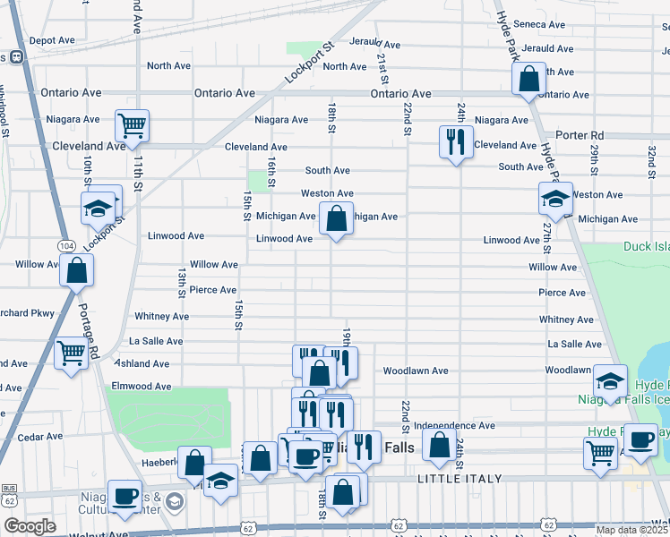 map of restaurants, bars, coffee shops, grocery stores, and more near 1425 18th St in Niagara Falls