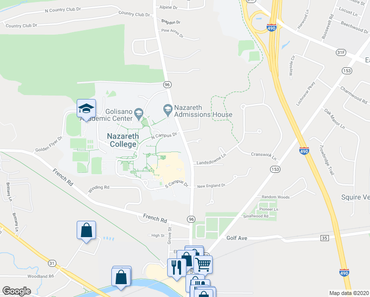 map of restaurants, bars, coffee shops, grocery stores, and more near 2 Glazer Drive in Rochester