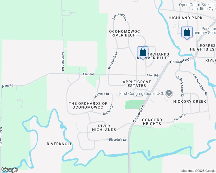 map of restaurants, bars, coffee shops, grocery stores, and more near 1371 Orchard Circle in Oconomowoc
