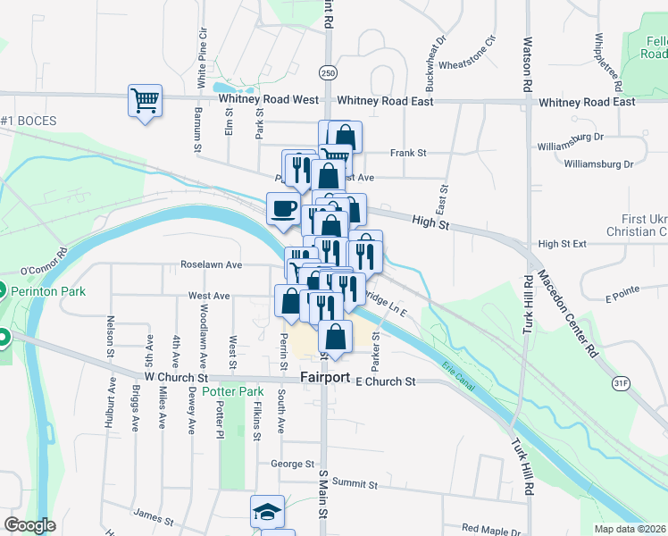 map of restaurants, bars, coffee shops, grocery stores, and more near 24 North Main Street in Fairport