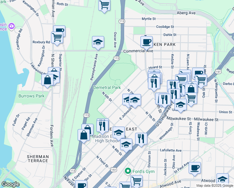 map of restaurants, bars, coffee shops, grocery stores, and more near 2426 Hoard Street in Madison