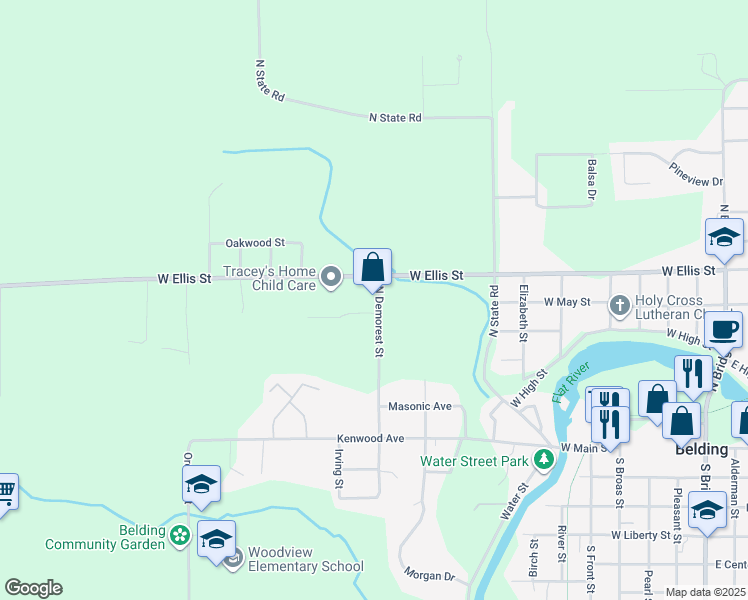 map of restaurants, bars, coffee shops, grocery stores, and more near 401 North Demorest Street in Belding