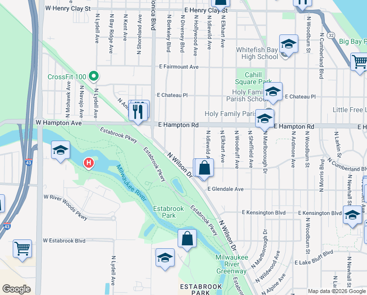 map of restaurants, bars, coffee shops, grocery stores, and more near 4744 North Diversey Boulevard in Whitefish Bay