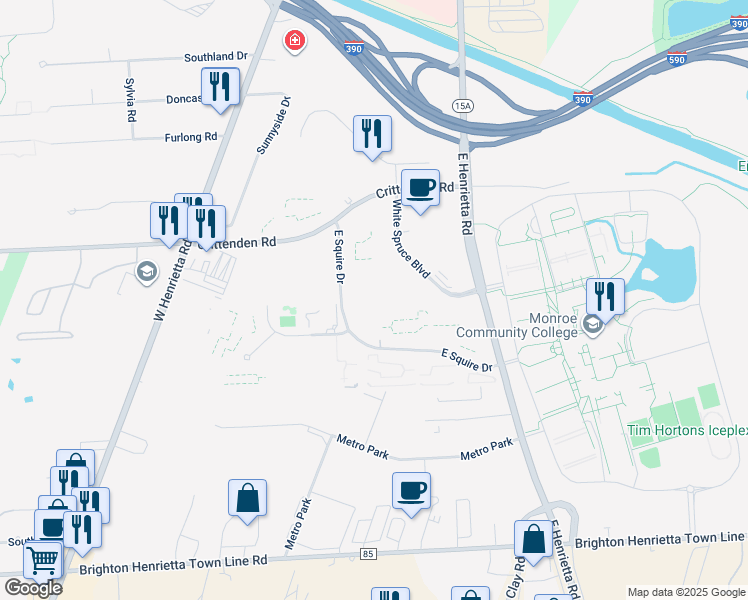 map of restaurants, bars, coffee shops, grocery stores, and more near 220 East Squire Drive in Rochester