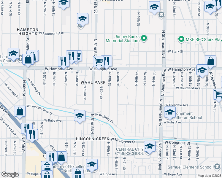 map of restaurants, bars, coffee shops, grocery stores, and more near 4675 North 48th Street in Milwaukee