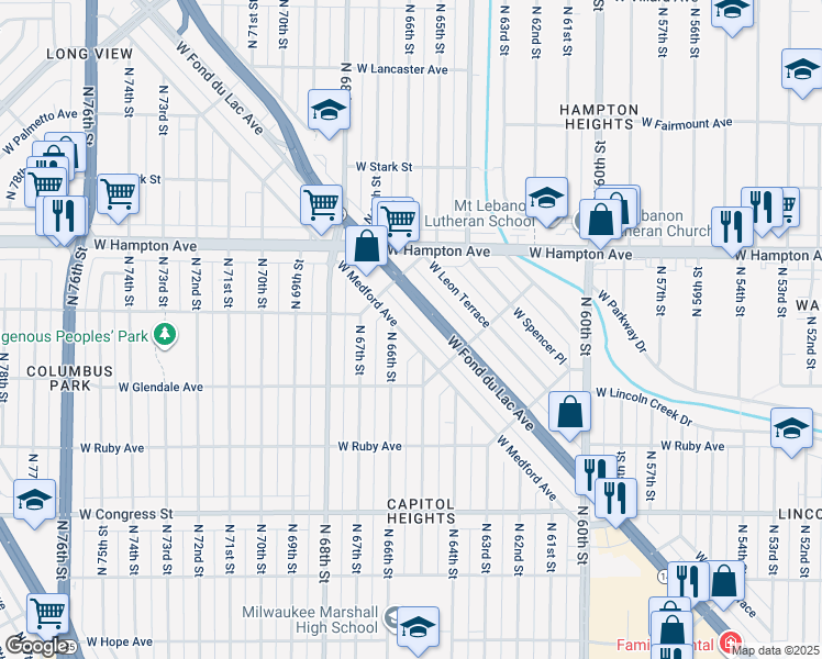 map of restaurants, bars, coffee shops, grocery stores, and more near 6449 West Fond Du Lac Avenue in Milwaukee