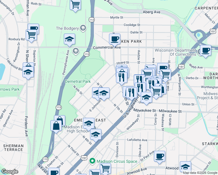 map of restaurants, bars, coffee shops, grocery stores, and more near 2518 East Johnson Street in Madison