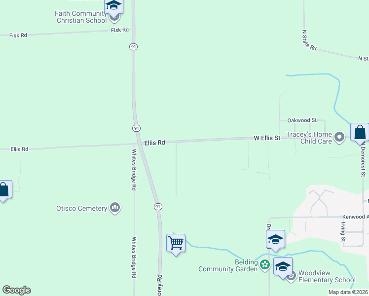 map of restaurants, bars, coffee shops, grocery stores, and more near 9133 Ellis Road in Belding