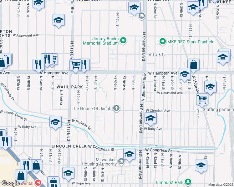 map of restaurants, bars, coffee shops, grocery stores, and more near 4676 North 46th Street in Milwaukee