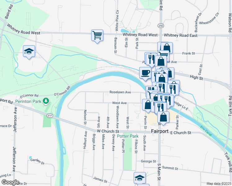 map of restaurants, bars, coffee shops, grocery stores, and more near 73 Roselawn Avenue in Fairport