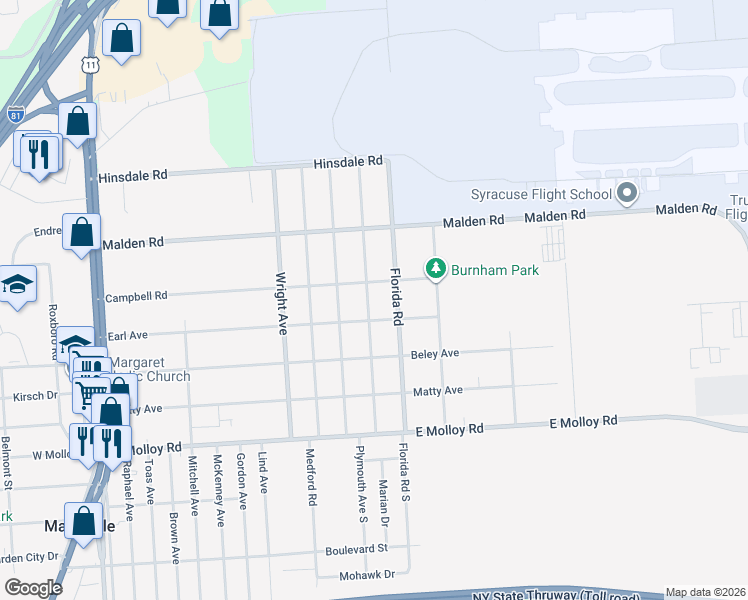 map of restaurants, bars, coffee shops, grocery stores, and more near 410 Boston Road in Syracuse