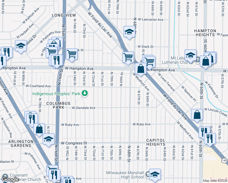 map of restaurants, bars, coffee shops, grocery stores, and more near 4676 N 70th St in Milwaukee