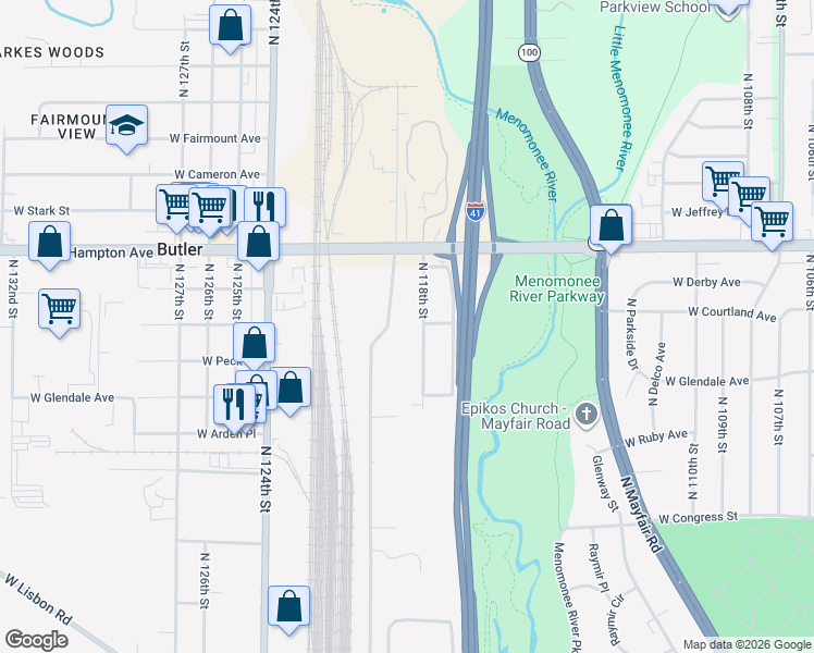map of restaurants, bars, coffee shops, grocery stores, and more near 4701 North 118th Street in Wauwatosa