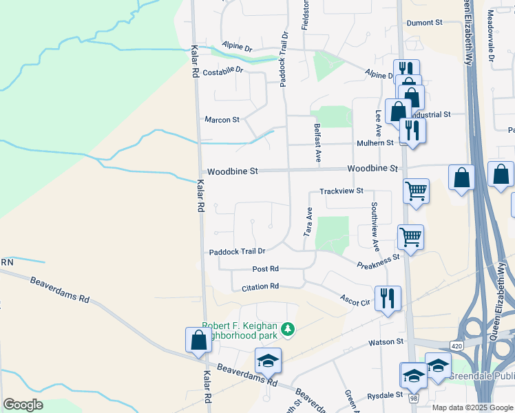 map of restaurants, bars, coffee shops, grocery stores, and more near 8076 Aintree Drive in Niagara Falls