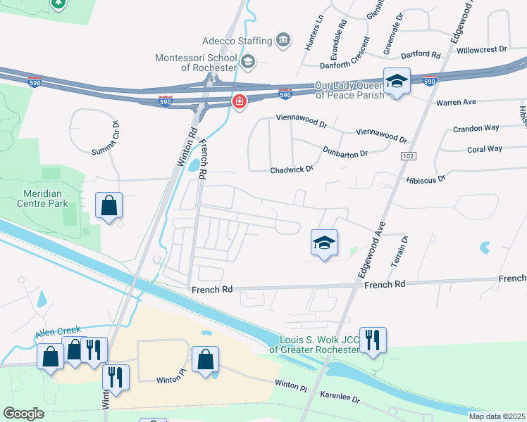 map of restaurants, bars, coffee shops, grocery stores, and more near 219 Greystone Lane in Rochester