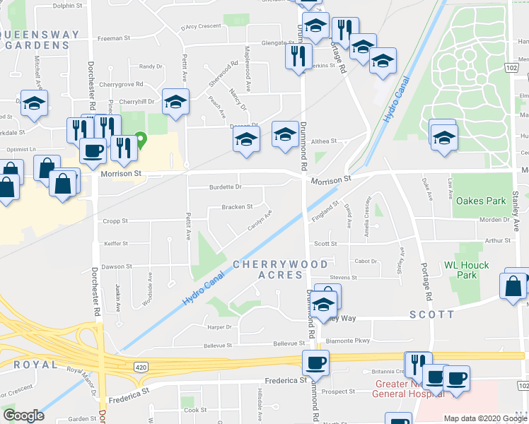 map of restaurants, bars, coffee shops, grocery stores, and more near 6307 Carolyn Avenue in Niagara Falls