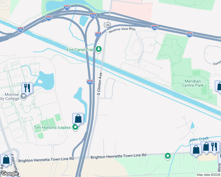 map of restaurants, bars, coffee shops, grocery stores, and more near 83 Woodsmeadow Lane in Rochester