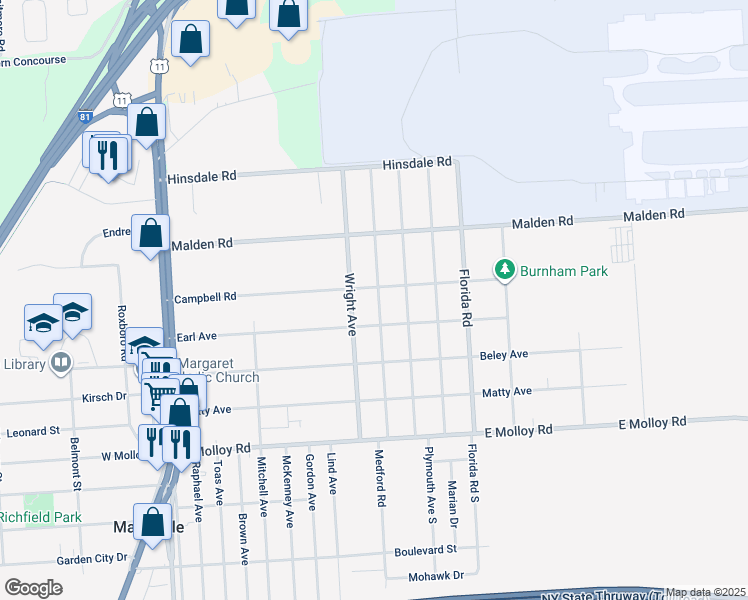 map of restaurants, bars, coffee shops, grocery stores, and more near 409 Breman Avenue in Mattydale
