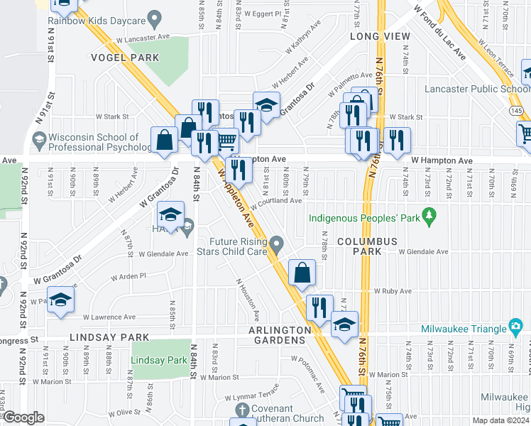 map of restaurants, bars, coffee shops, grocery stores, and more near 8061 West Beckett Avenue in Milwaukee