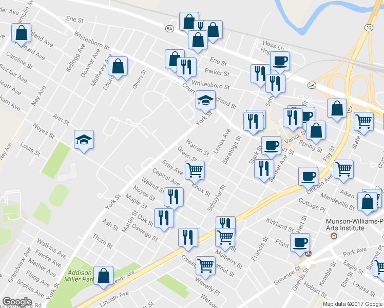 map of restaurants, bars, coffee shops, grocery stores, and more near 1212 Green St in Utica