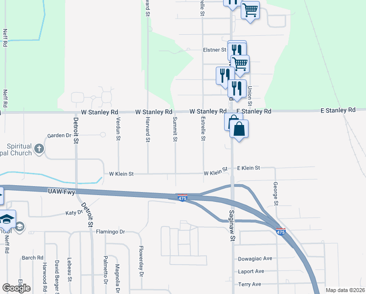 map of restaurants, bars, coffee shops, grocery stores, and more near 6448 Summit Street in Mount Morris