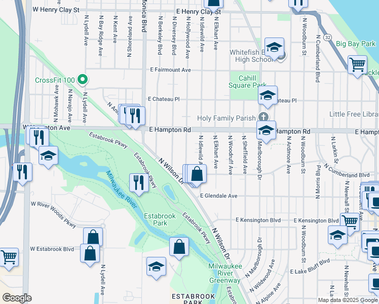 map of restaurants, bars, coffee shops, grocery stores, and more near 4750 North Hollywood Avenue in Whitefish Bay