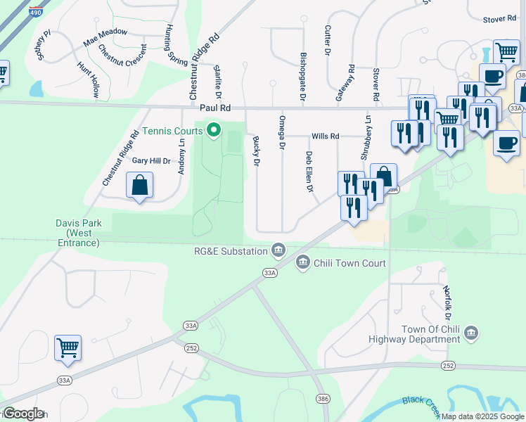 map of restaurants, bars, coffee shops, grocery stores, and more near 38 Bucky Drive in Rochester