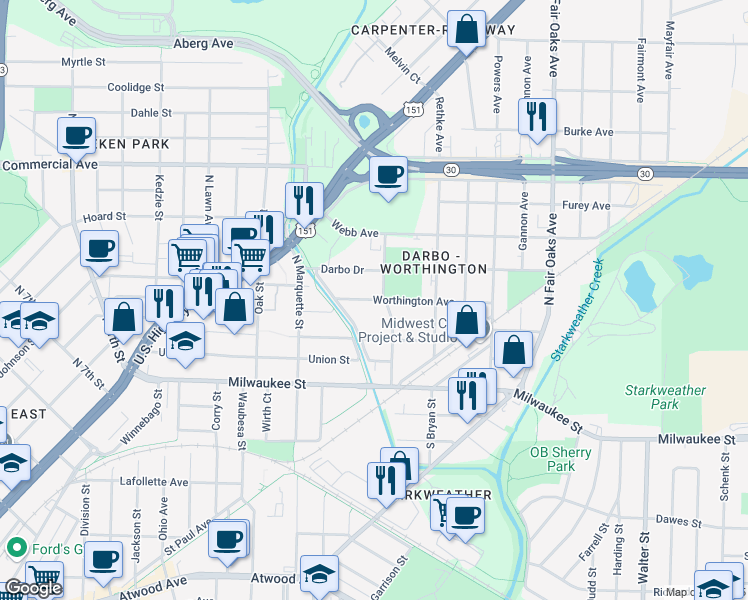 map of restaurants, bars, coffee shops, grocery stores, and more near 3023 Worthington Ave in Madison
