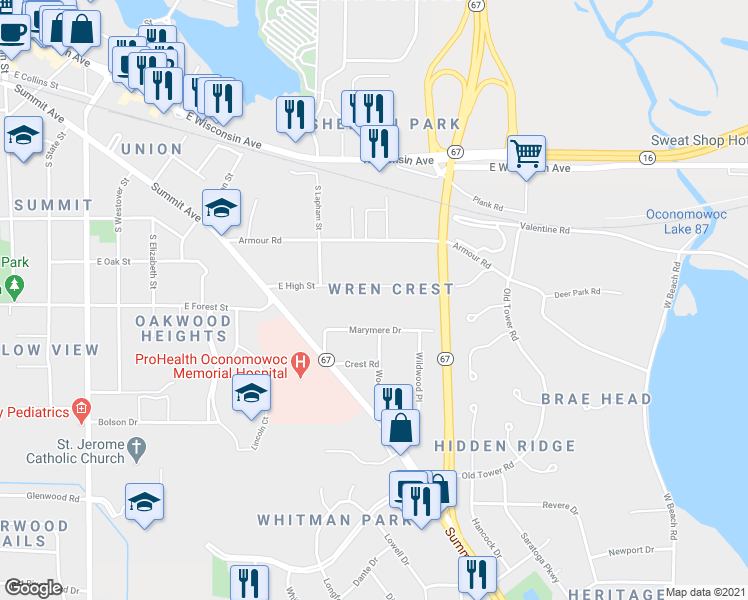 map of restaurants, bars, coffee shops, grocery stores, and more near 859 East High Street in Oconomowoc