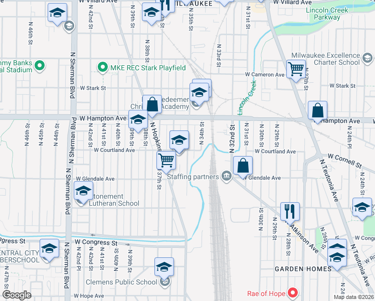 map of restaurants, bars, coffee shops, grocery stores, and more near N 35th St & W Courtland Ave in Milwaukee