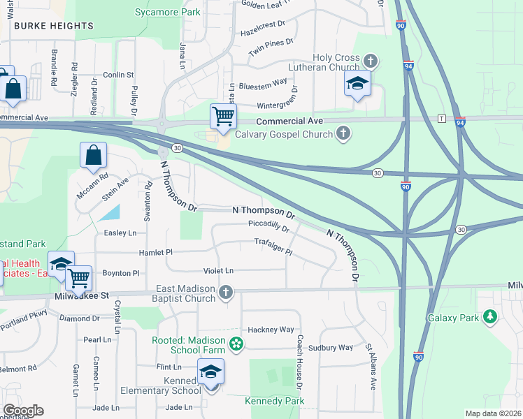 map of restaurants, bars, coffee shops, grocery stores, and more near 217 North Thompson Drive in Madison