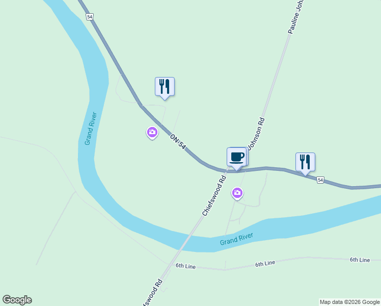 map of restaurants, bars, coffee shops, grocery stores, and more near 1253 Brant County Highway 54 in Caledonia