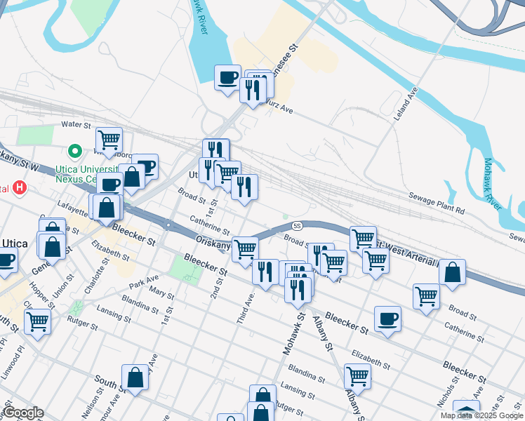 map of restaurants, bars, coffee shops, grocery stores, and more near 512 Main Street in Utica