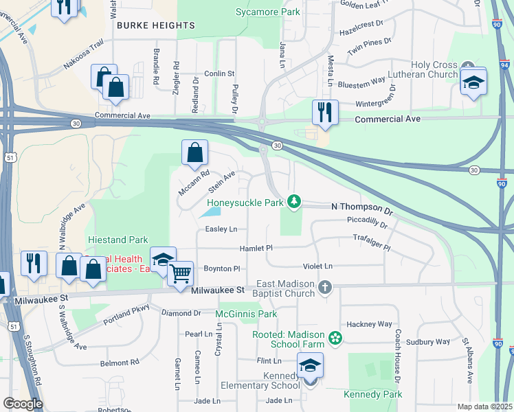 map of restaurants, bars, coffee shops, grocery stores, and more near 201 Swanton Road in Madison