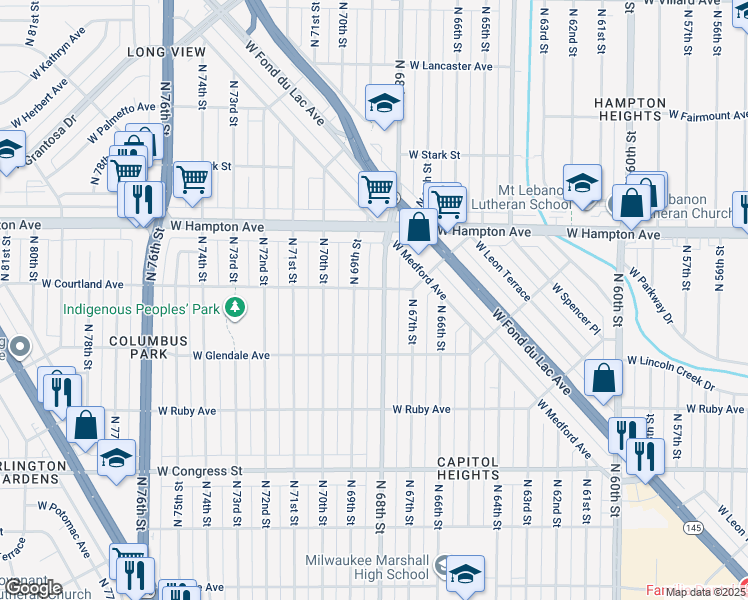 map of restaurants, bars, coffee shops, grocery stores, and more near 4677 North 68th Street in Milwaukee