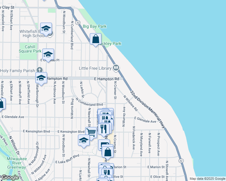 map of restaurants, bars, coffee shops, grocery stores, and more near 4749 North Cramer Street in Whitefish Bay