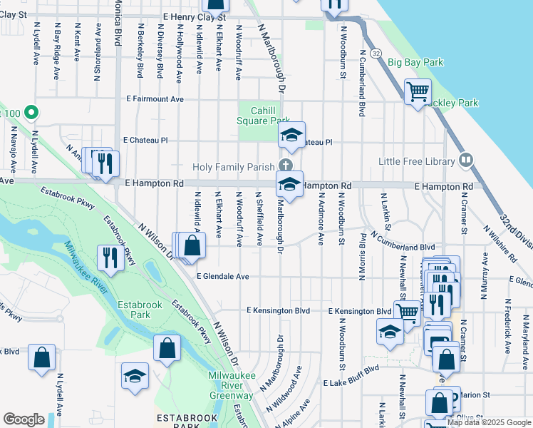 map of restaurants, bars, coffee shops, grocery stores, and more near 4749 North Sheffield Avenue in Whitefish Bay