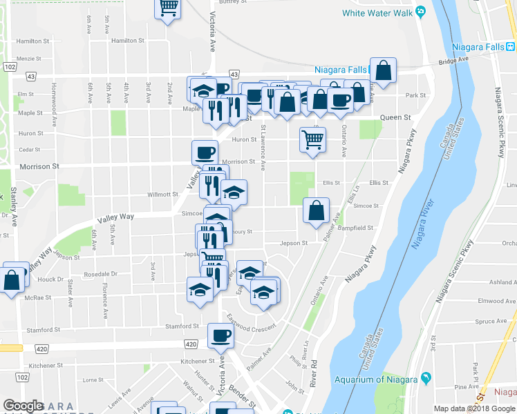 map of restaurants, bars, coffee shops, grocery stores, and more near 4671 Simcoe Street in Niagara Falls